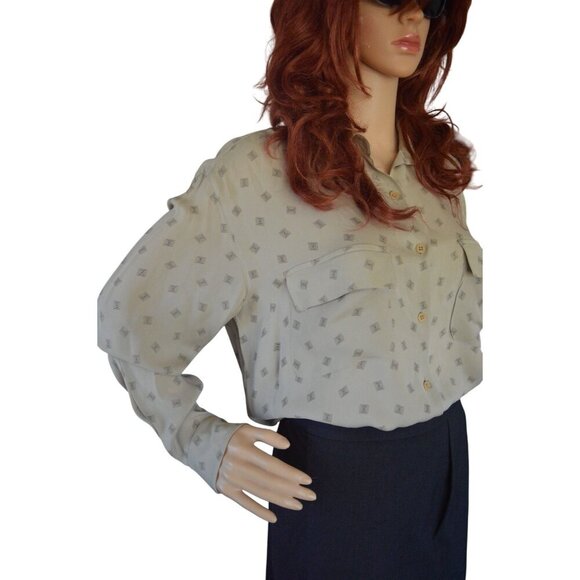 Vintage 90s Calvin Klein Womens Size M Beige Diamond Print Button-Up Blouse - Picture 2 of 8